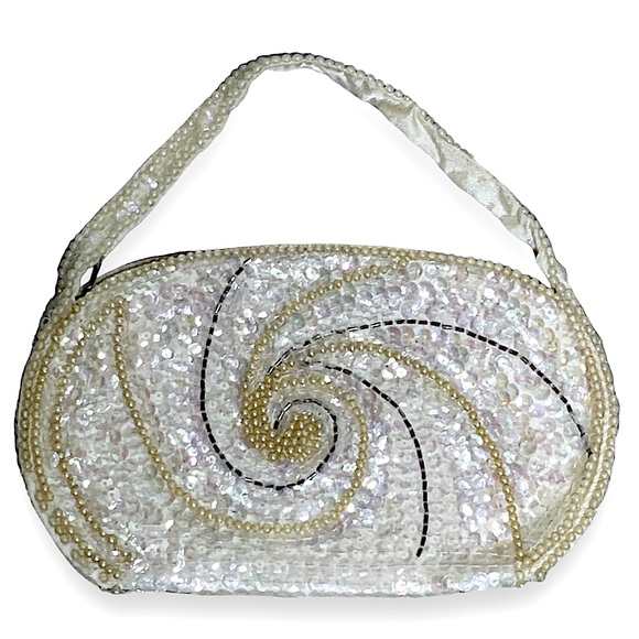 La Regale Handbags - La Regale Vintage Evening Clutch Bag 1960 Pearl Beaded Sparkle Sequin Off White